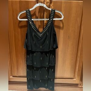 Black with gold accents,  vneck, sleeveless, dress, lightweight, Size Small.